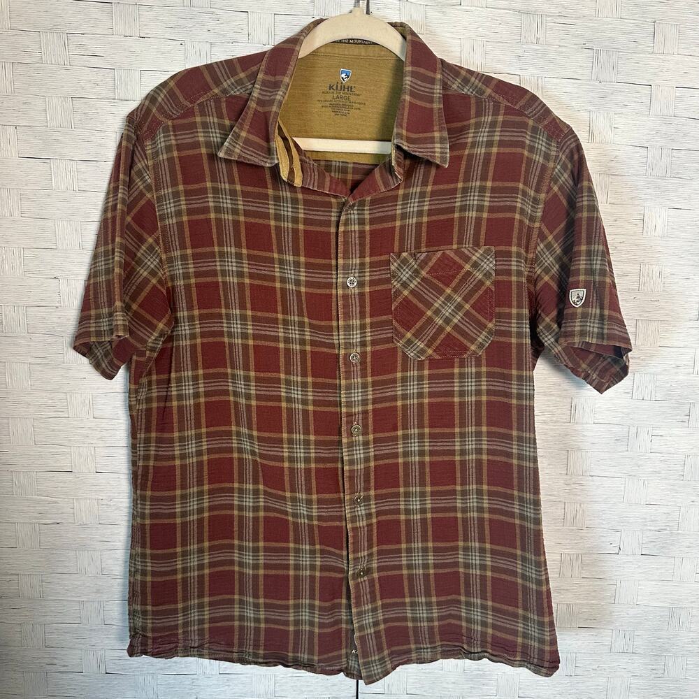 Kuhl men’s plaid button-up shirt cotton, short sleeve Gorp core outdoor utility